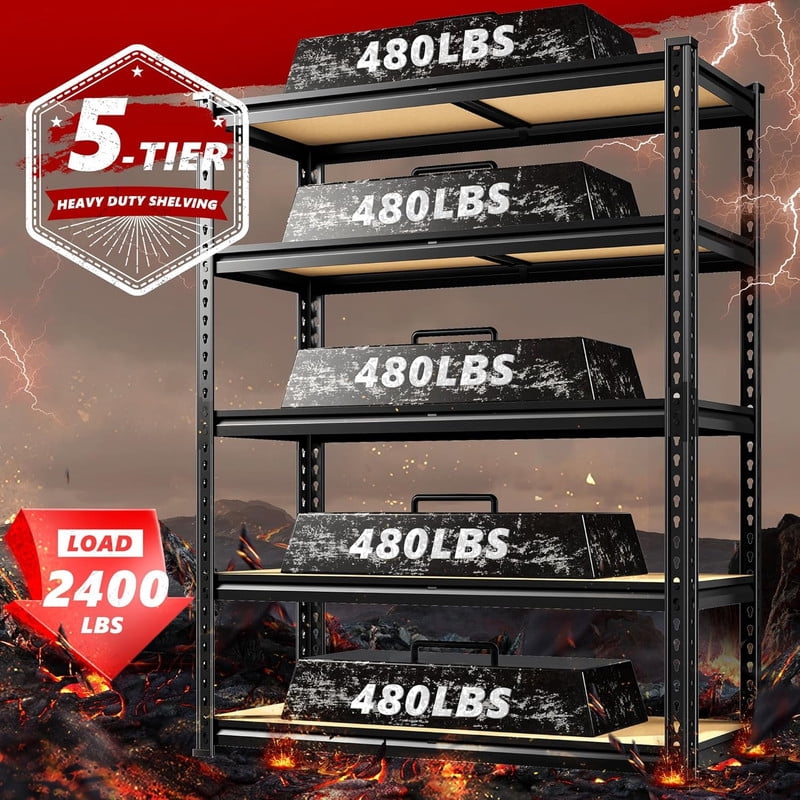 2400LBS Storage Shelves 5 Tier Garage Shelving Heavy Duty Adjustable Garage Shelves, Utility Rack Shelf, Shelving Units for Storage Warehouse Pantry Closet, 40" W x 20" D x 72" H