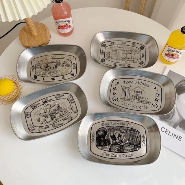 Vintage Tray American Tinplate Household Stainless Steel Dinner Plate Snack Fruit Plate Food Coffee Table Storage Picnic Plate