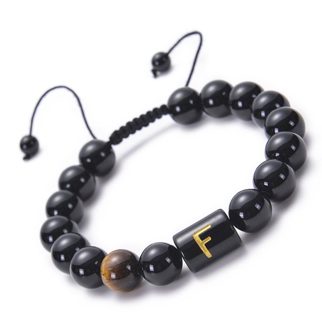 Qarigey 26 pulseras con letras ajustables de 10mm, cuentas de piedra de ojo de tigre de ónix negro Natural, de cuerda trenzada, regalo Ropa, zapatos y accesorios Miscelánea Numero 3