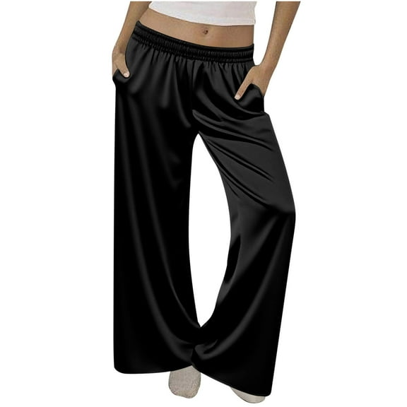 XFLWAM Women's Silk Satin Palazzo Pants Elastic Waist Soft Lounge Pants Casual Loose Pajama Trousers Sleepwear Pj Bottoms with Pockets Black XXL