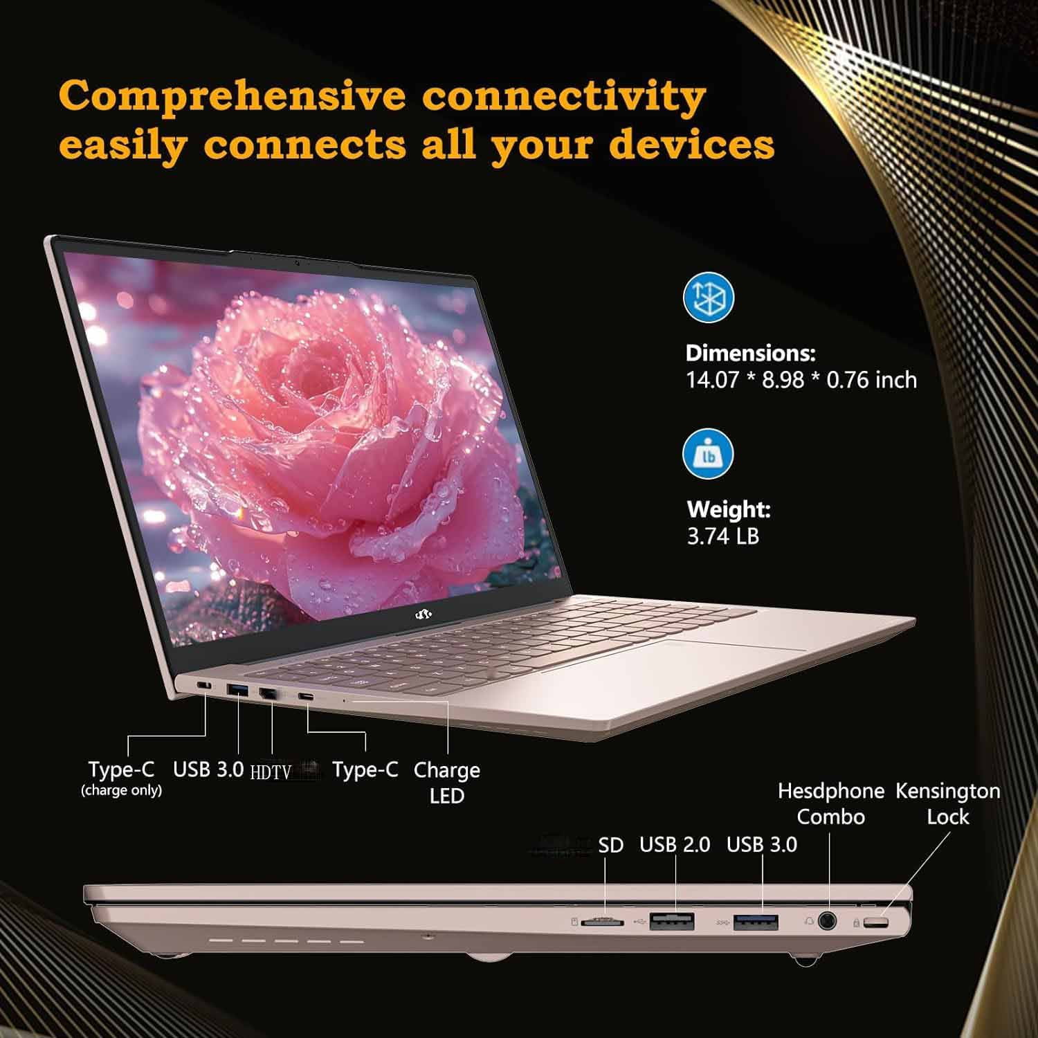 15.6 inch Laptop Computer Windows 11, with Intel N100 Processor, FHD IPS (1920x1080),16GB RAM 256 SSD（Rose Gold）