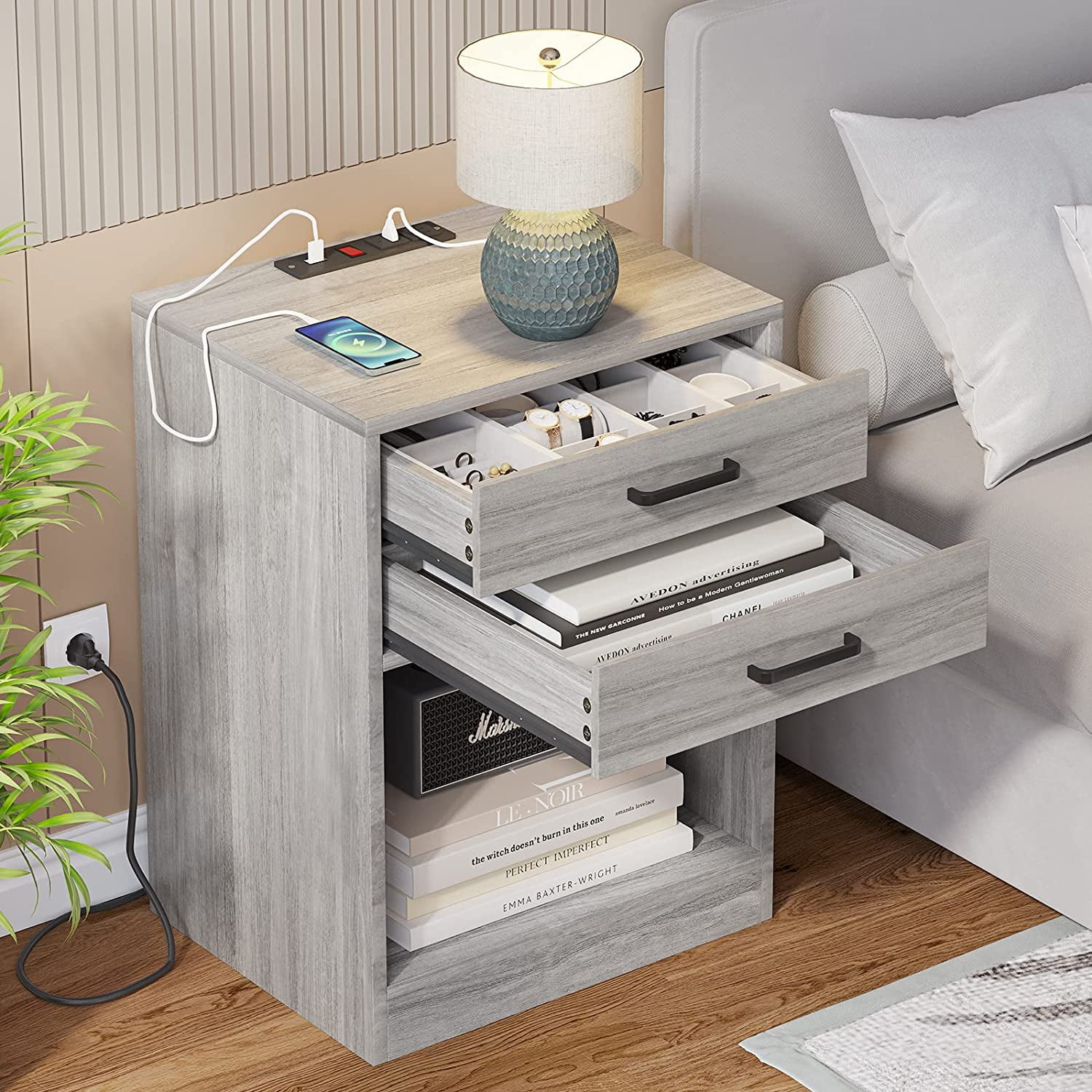 Grey nightstand with charging station deals