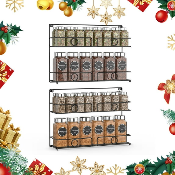 Auledio Spice Rack, Metal Spice Rack Organizer for Cabinet or Wall Mounts, 2 Pack Hanging Racks, Space Saving Seasoning Organizer Christmas Decoration- Black