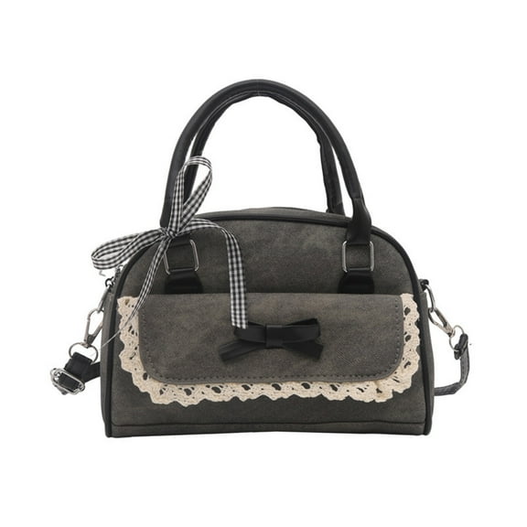 Deeceymbur Denim Tote Bag with Lace Trims Women Handbag Shoulder Bag Crossbody Bag Blue Black Color Simple Sophisticated Style Bow Accent