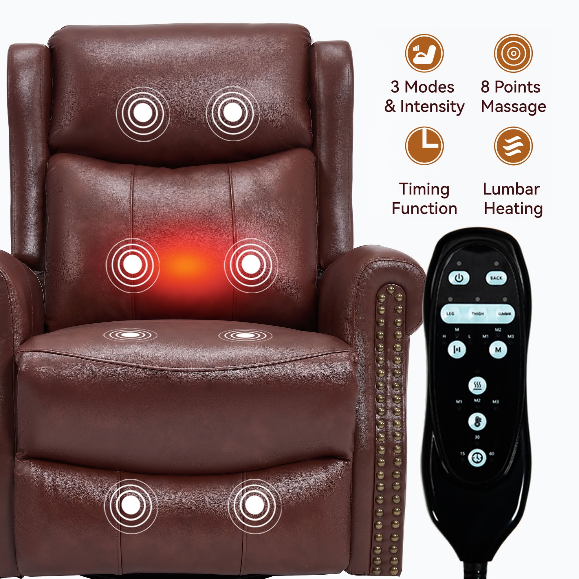 MAYEERTY 360 Degree Swivel Rocker Recliner Chair, Genuine Leather Manual Recline Glider Armchair with 8-Point Vibration Massage & Lumbar Heat, for Living Room Home Theater