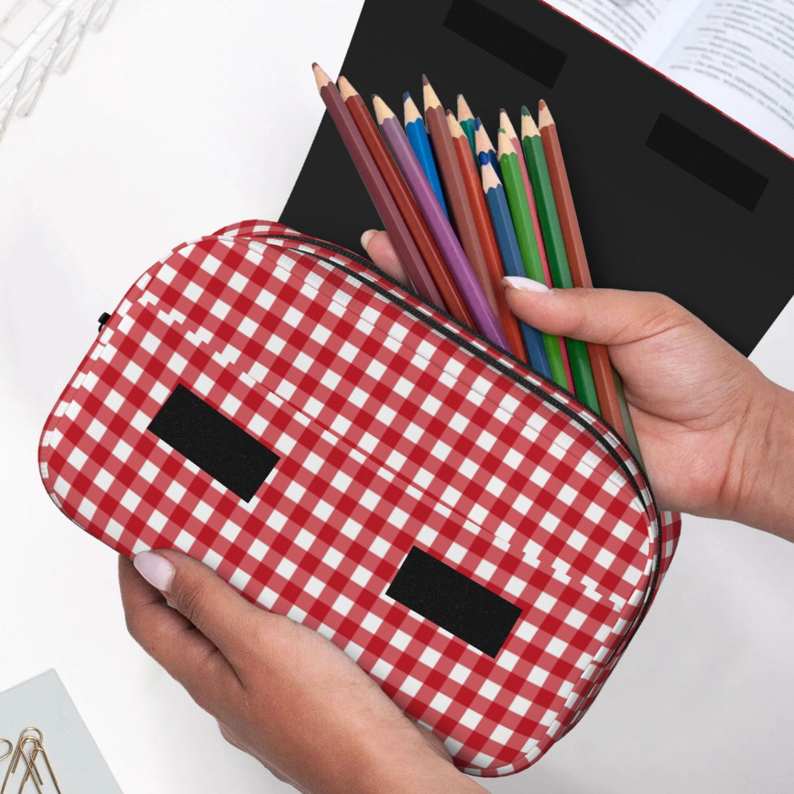 Rateoe Red Checkboard Pattern Double Clamshell Pen Case, Storage Organizer with Two Zipper Compartments– Holds Up to 50 Pencils & Pens