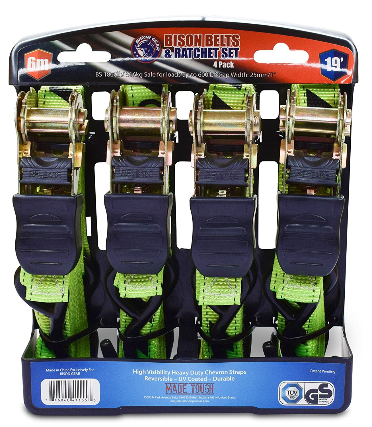 Ratchet Tie Down Straps 19 foot 4 Pack by Bison Gear High Visibility UV