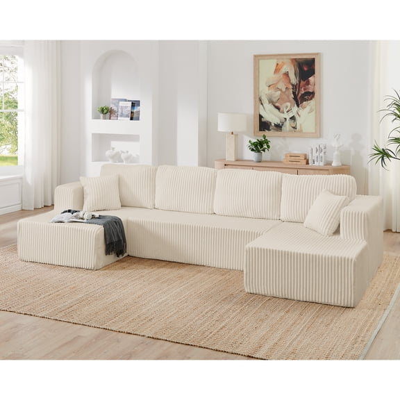 132" U-Shape Modular Sectional Sofa,Modern Compressed Sectional Sofa,Corduroy Sleeper Sofa Couch for Living Room,Bedroom,Beige
