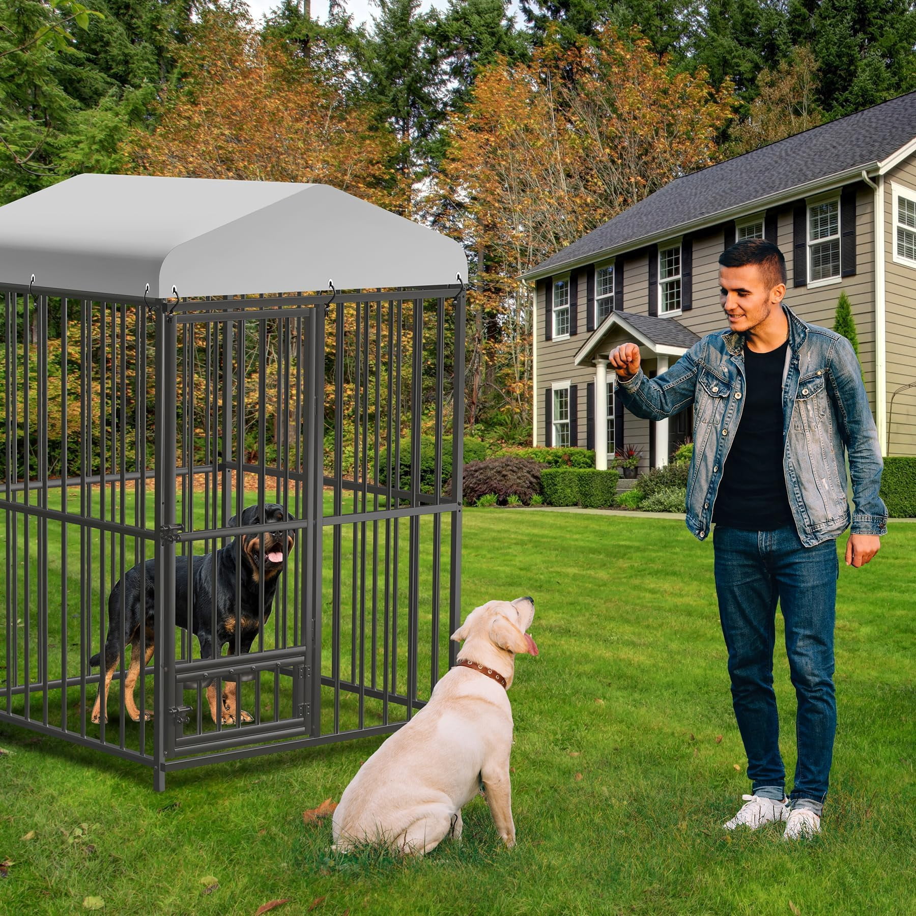 4x4x6 FT Outdoor Dog Kennel, Outdoor Enclosures with Lock,Waterproof Roof Cover & Swivel Stainless Steel Feeding Bowl,for Medium & Large Dogs