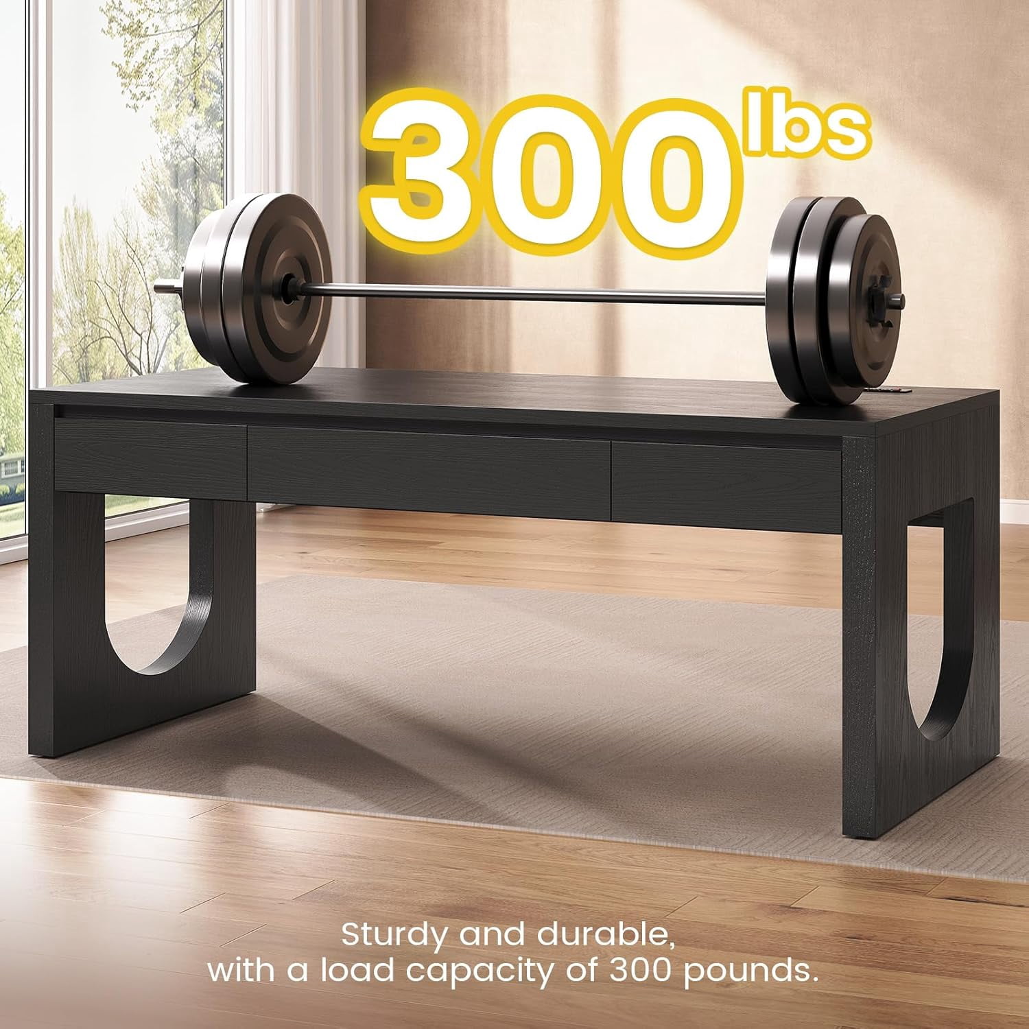 SEDETA 55" Executive Desk with 3 Drawers, Modern Office Desk with U-Shaped Legs, Wood Computer Desk with Power Outlet, Home Office Desks with Relief Texture, Black