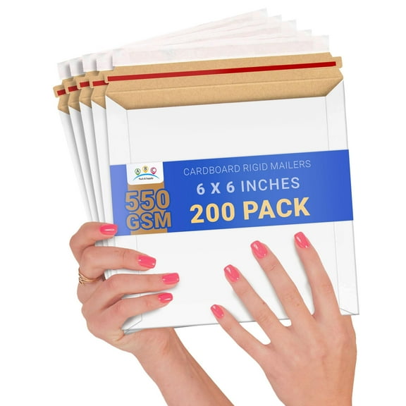 White Rigid Mailers, 6 x 6 Inches. Pack of 200 Photo Mailer Envelopes. Flat Cardboard Mailers Self-Seal. Sturdy Cardboard Photo Envelope. Recyclable Hard Shipping Envelopes