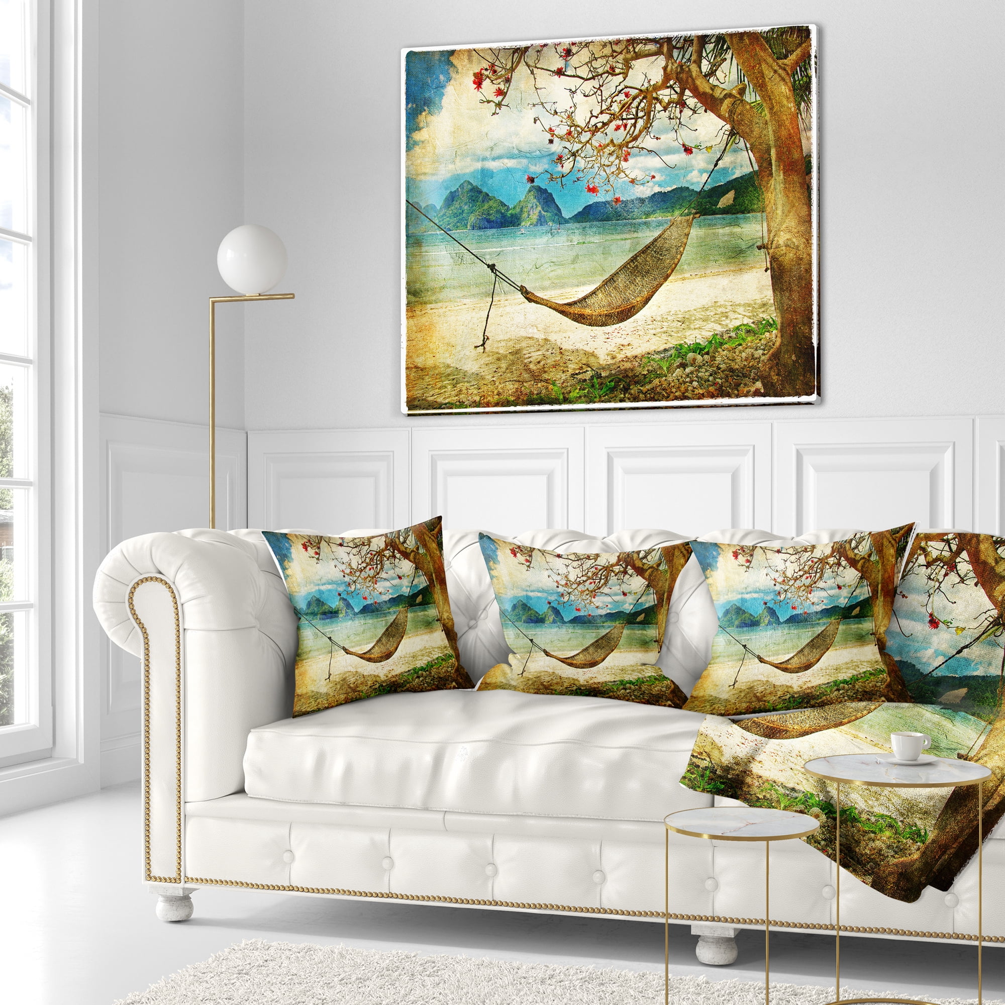 Designart Tropical Sleeping Swing - Digital Art Landscape Printed Throw Pillow - 16x16