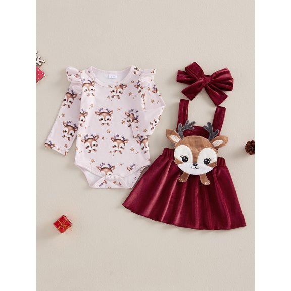 Christmas Baby Girl Outfit Cute Elk Ruffle Sleeve Romper Overall Dress Infant Girls Skirt Sets