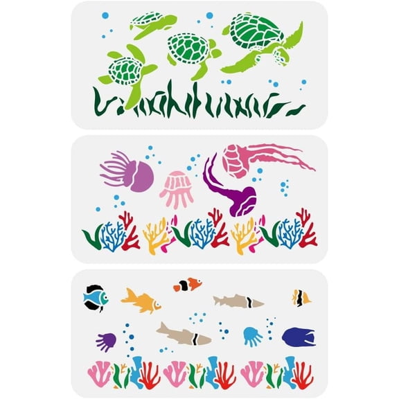 3 Pcs Marine Life Border Stencil 11.8x5.9" Turtle Seaweed Jellyfish Sea Animal Coral Marine Plant Painting Stencil Summer Ocean Theme Spraying Template for DIY Home Furniture Decor