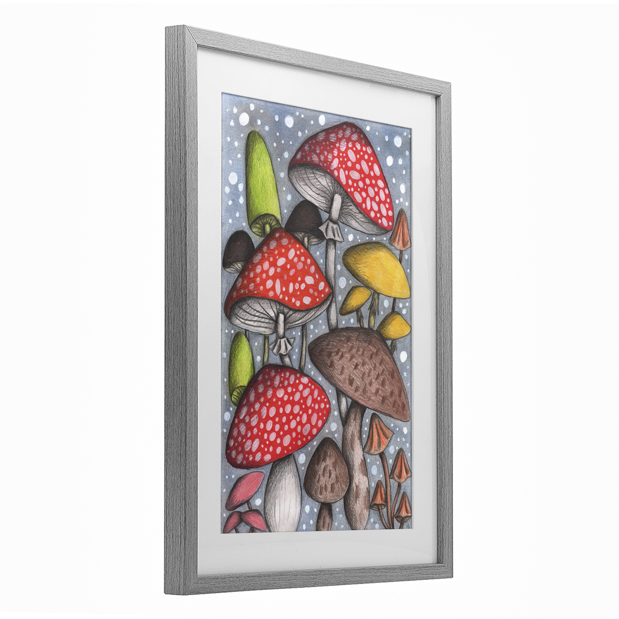 Sketched Magical Mushrooms Gray Framed Print Under Glass, design by Cecilia Battaini