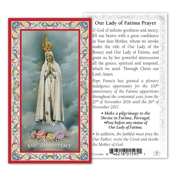 Our Lady of fatima 100th Anniversary Gold-Stamped Catholic Prayer Holy Card with Prayer on Back, Pack of 100