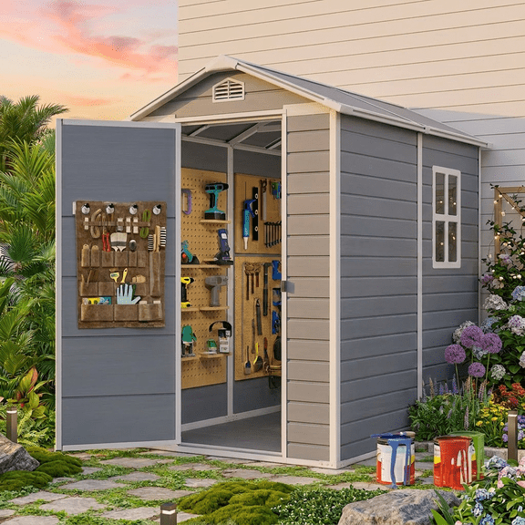 Asofer Outdoor Storage Shed with Floor, 6' x 4' Resin Storage Shed, Plastic Garden Shed, All-Weather Colorfast, Gray