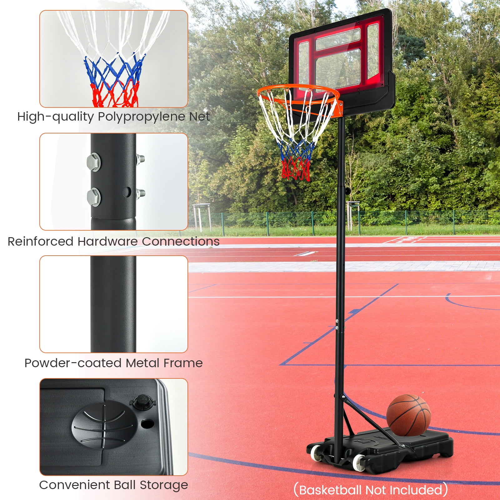 Topbuy Basketball Hoop Portable Basketball Stand with Rolling Wheels 4.3-8.2FT Adjustable Height PE Backboard Fillable Base