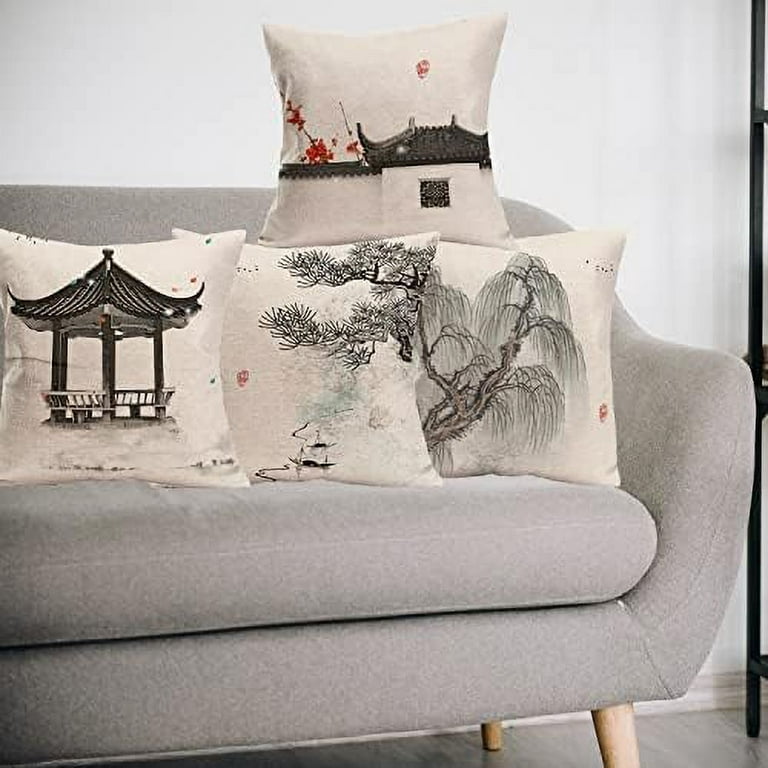 Chinoiserie Throw Pillow Cover Wash Painting Chinese Pattern Oriental Style Pillows with Willow Pine Tree Print Linen Cushion Cover Decor for Couch
