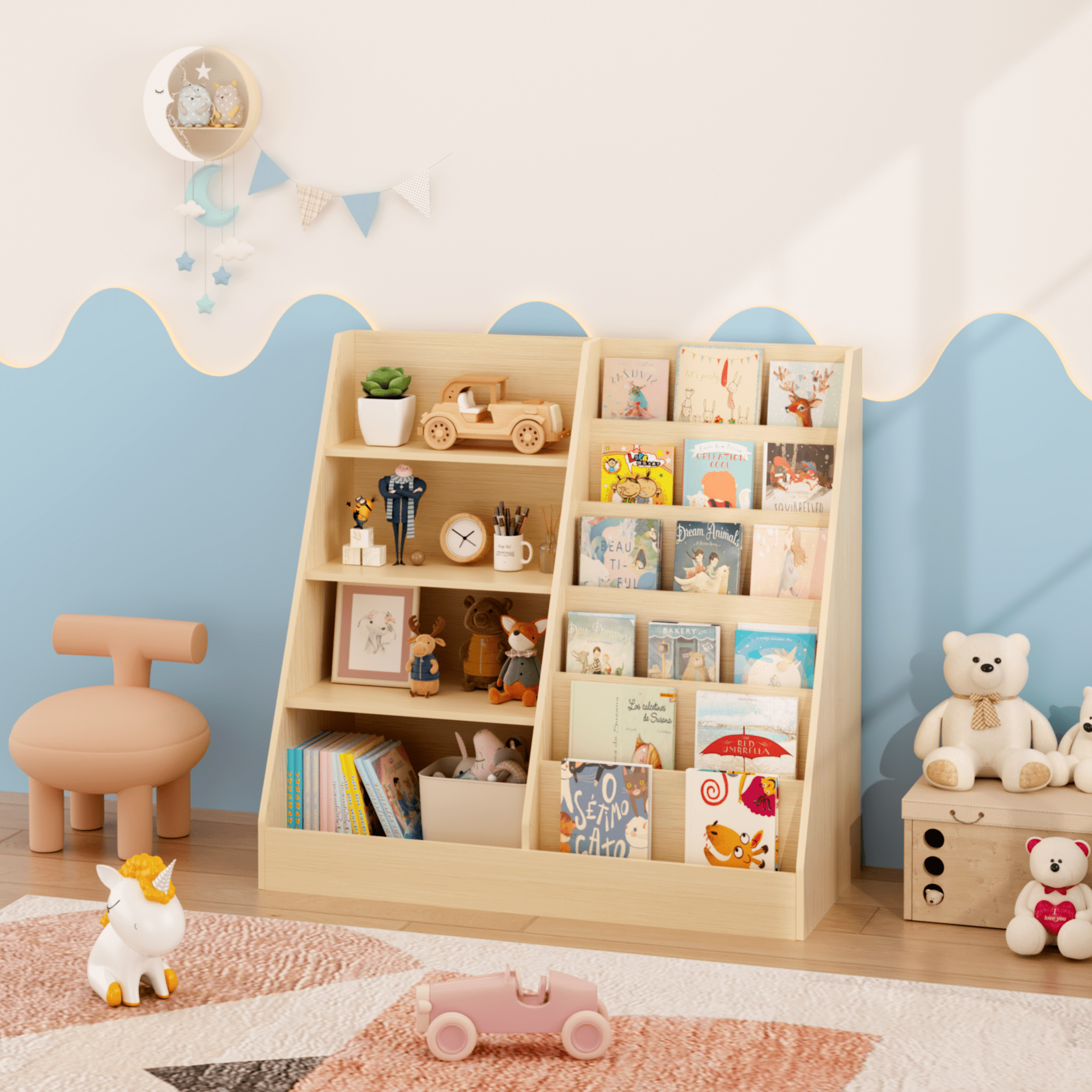 Kids Furniture Kids Bookshelf and Toy Storage Organizer, Multifunctional 4 Tier Wooden Kids Book Shelf with Bookcase Display Stand in Kids Room Playroom Nursery for Kids, Children, Toddlers (Natural)