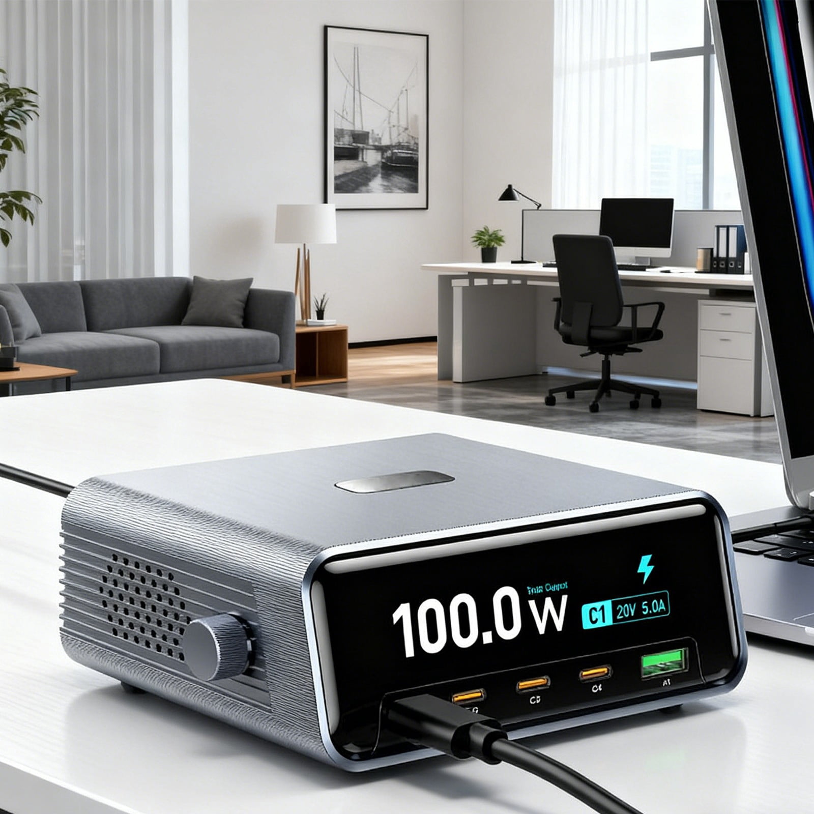 Fast Charging Smart Display, 265W GaN Desktop Charging Station with LCD Display, USB-C Fast Charger for Laptop & Phone, Multi-Port Charger Hub with Smart Power Tracking