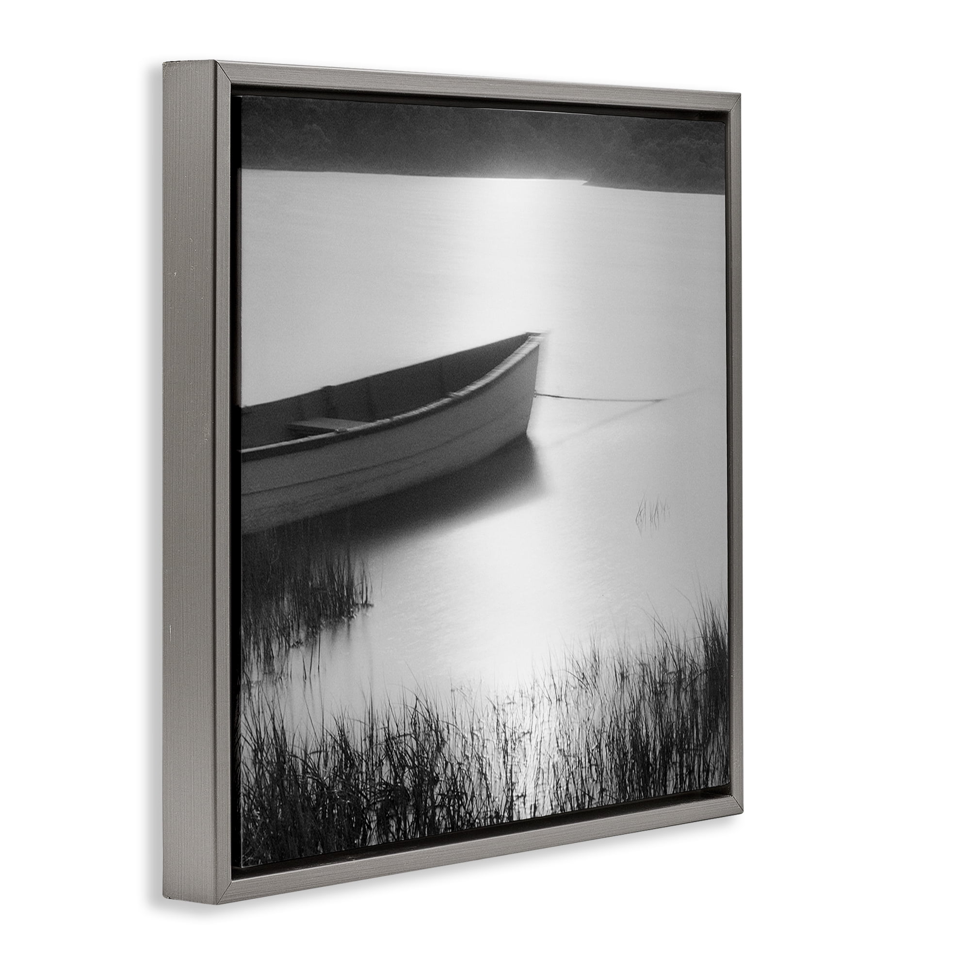 Stupell Industries Rowboat on Peaceful Shore Landscape & Nature Photography Gray Floater Framed Canvas Art Print Wall Art, 25 x 25