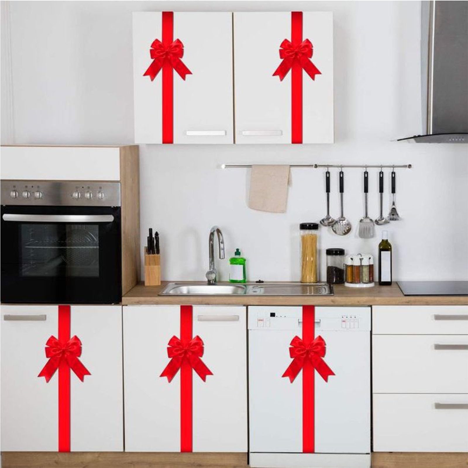 Trianu 6Pcs Christmas Cabinet Ribbons Bows Decorations 40in/100cm Large Red Kitchen Cabinet Door Ribbons and Bows for Christmas Party Supplies