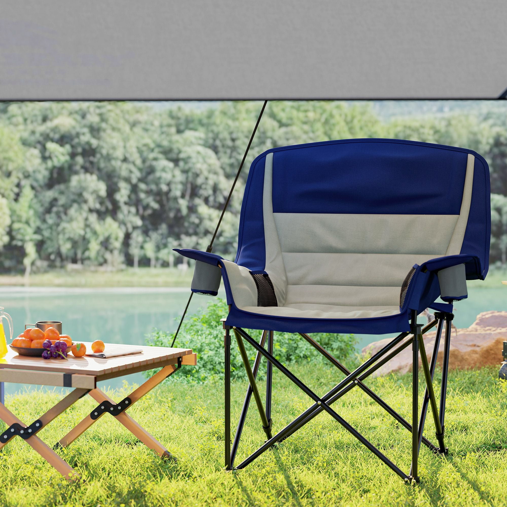 Padded Camping Chair for Adults, Portable Folding Camping Chair with Side Pockets, Cup Holders, Carry Bag, Light Gray