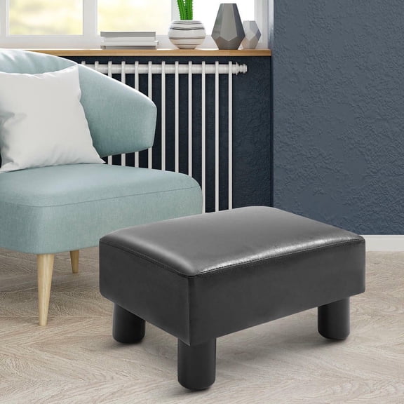 Resenkos Ottoman Foot Rest - Small Foot Stool with Faux Leather Upholstery, Rectangular Design, Padded Foam Seat & Plastic Legs, Bright Black
