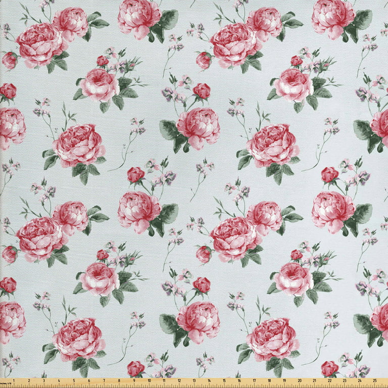 Ambesonne Vintage Fabric by The Yard, Floral Pattern with Burgeoning Rose Blossoms Romantic Abstract Scene, Upholstery Fabric for Dining Chairs Home Decor