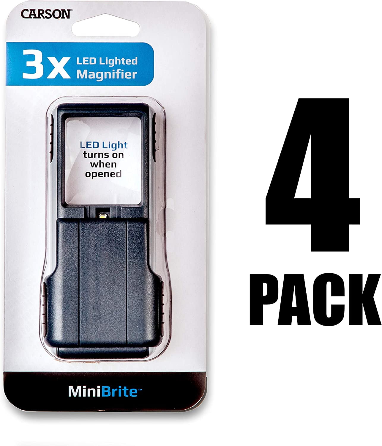 Carson MiniBrite 3x Compact Magnifier with Light & Protective Cover, Slides To Turn On Automatically - Magnifying Glass 4 Pack (PO-25MU)