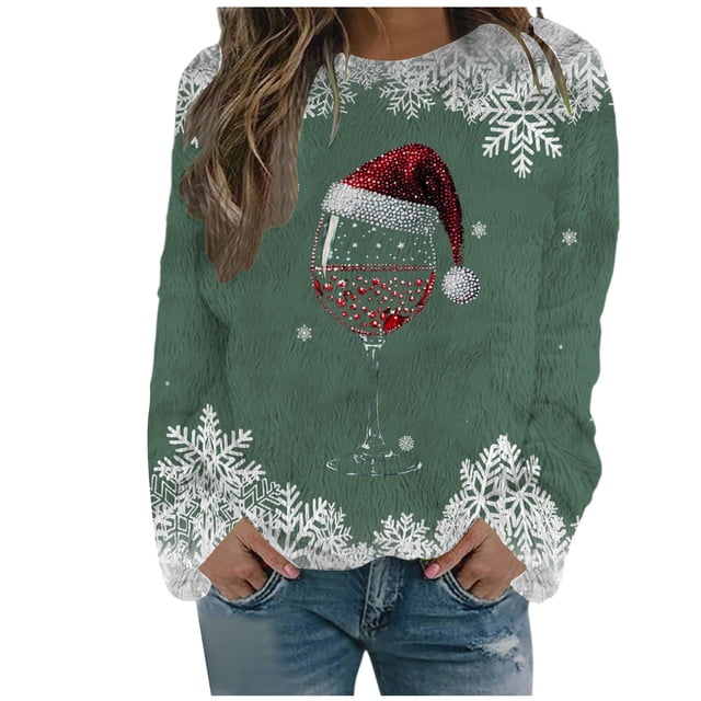 WEAIXIMIUNG Sweat-Shirt Décontracté de Noël pour Femmes Col Rond Manches Longues avec Imprimé Velours Double Face