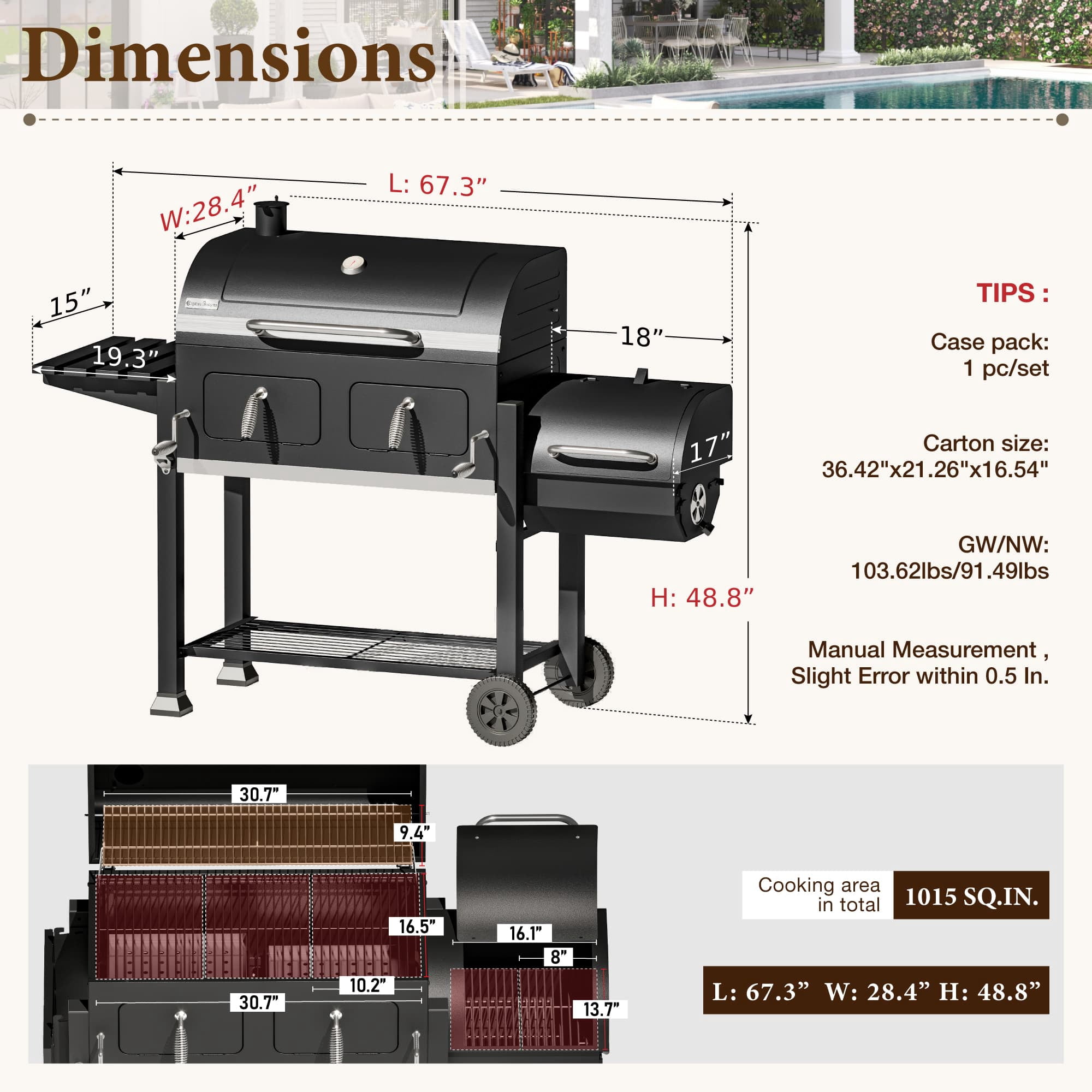 MF Studio Charcoal Grill with Offset Smoker 1015 sq in Extra Large Charcoal BBQ Grill for Outdoor Cooking