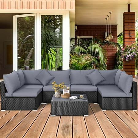 Costway 7 PCS Patio Rattan Sofa Set Sectional Conversation Furniture Set Garden Outdoor - Gray +Black