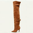 thumbnail image 3 of FSJ Women Chic Thigh High Boots Double Buckle Pointed Toe Side Half Zipeer Kitten Heel Over The Knee Boots Size 10 Brown Orange Suede, 3 of 3