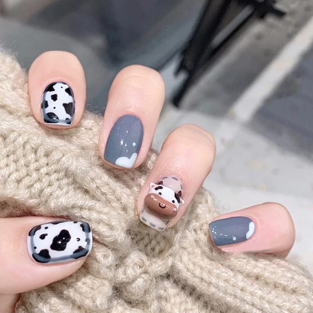 Medium Square Press on Nails 3D Cow False Nail Tips Cute Full Cover Nails  Glossy Artificial Nails for Women and Girls - Walmart.com