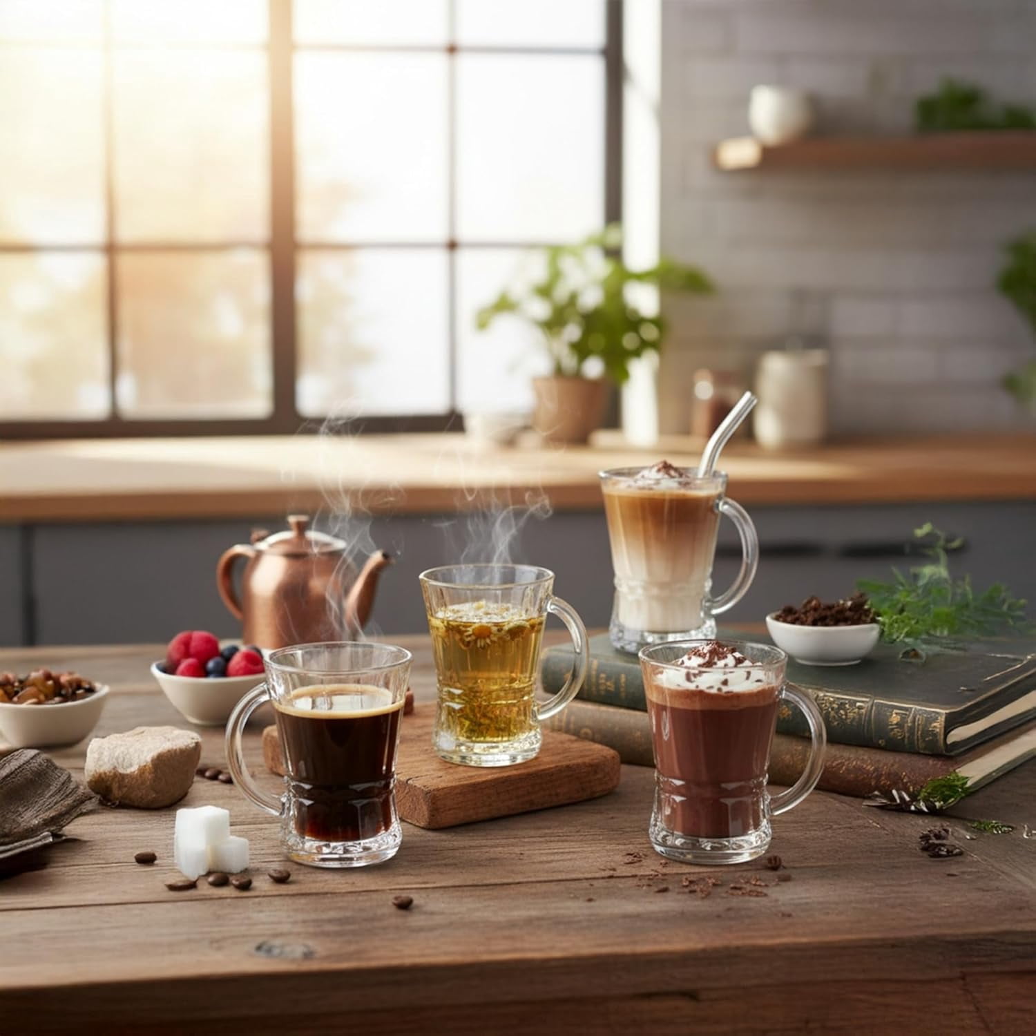 Clear Glass Coffee and Tea Cups with Handle, Set of 6, 5 oz (150 ml) Glass Mugs for Espresso, Cappuccino, Latte, Mocha, Macchiato, Hot and Cold Beverages, Turkish Tea Glasses, Dishwasher Safe