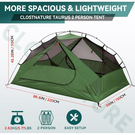 2 Person Backpacking Tent - Lightweight Two Person Tent for Backpacking, Easy Set Up Waterproof Camping Tent for Adults, Kids, Scouts, Large Size Outdoor, Hiking Gear