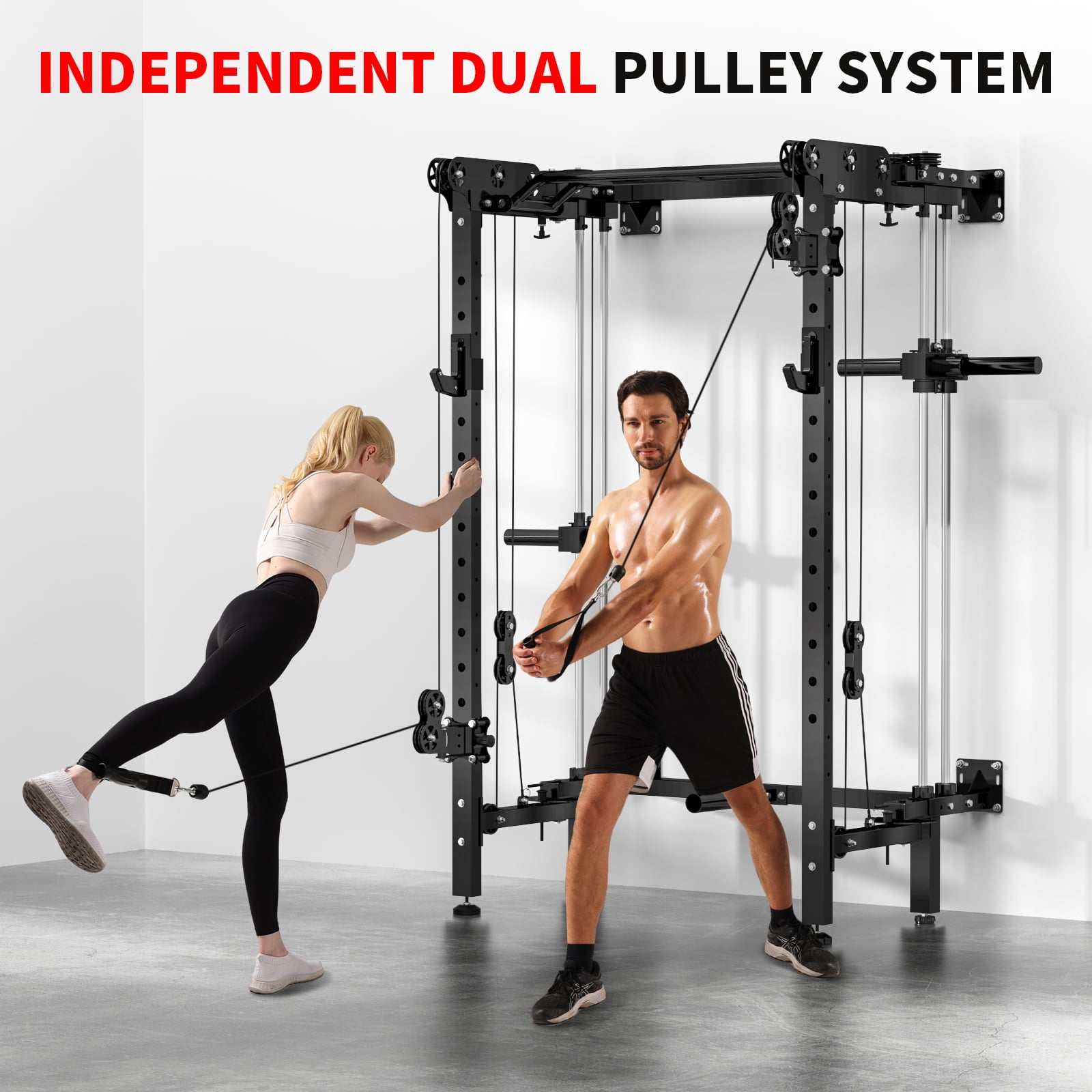 BOGYKIK H16 Folding Wall Mounted Power Rack with Dual Pulley System for Home Gym, Black