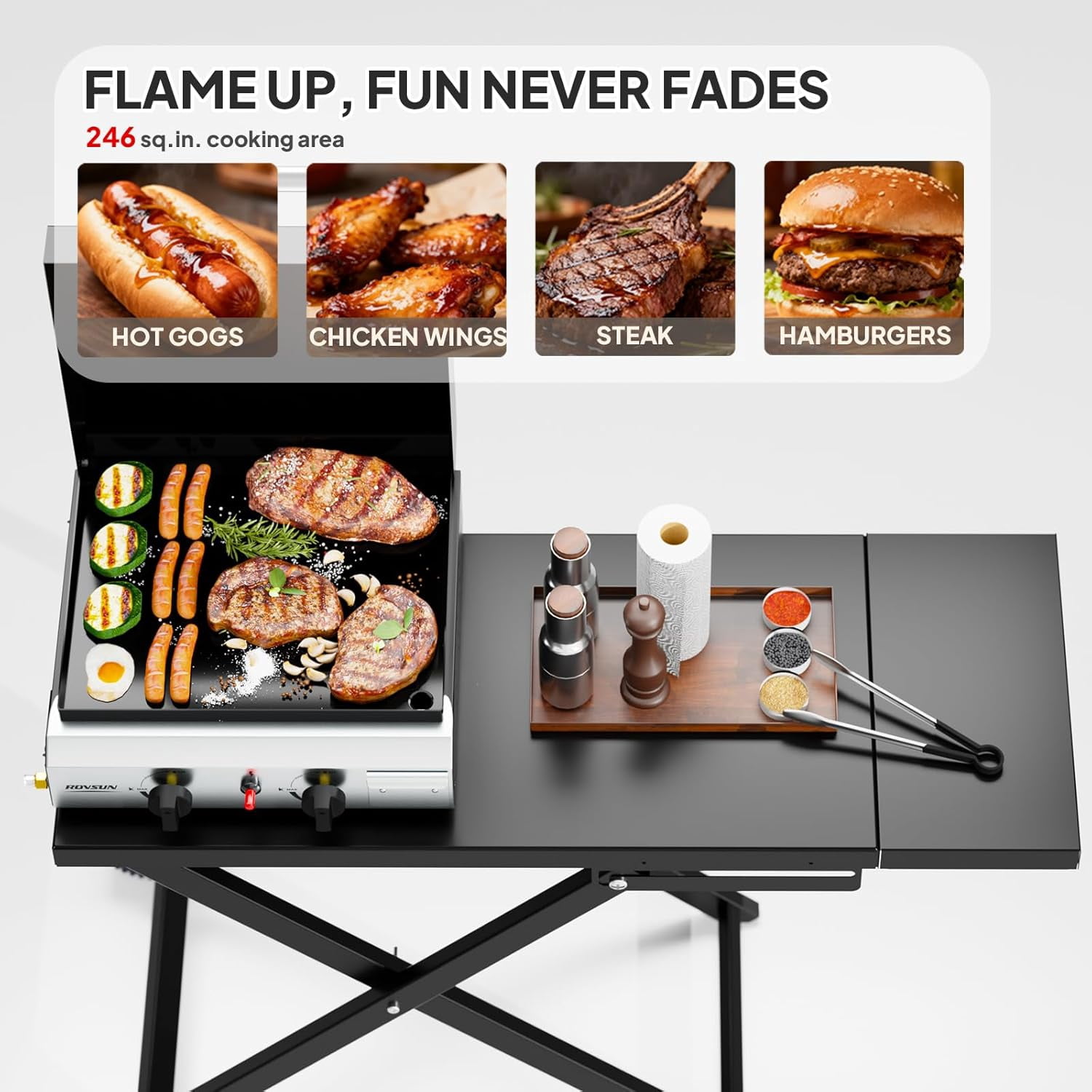 TUFFIOM 2 Burner Foldable Propane Griddle with Wheels, Enameled Tray & Lid, Portable Rolling Flat Top Gas Grill with Electronic Ignition & Regulator for Outdoor Cooking Camping BBQ Tailgating