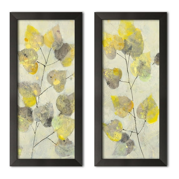 Gango Home Decor Contemporary Gray and Yellow Leaf Branch Adult Decor; 2- 8" x 18" Black Framed Prints