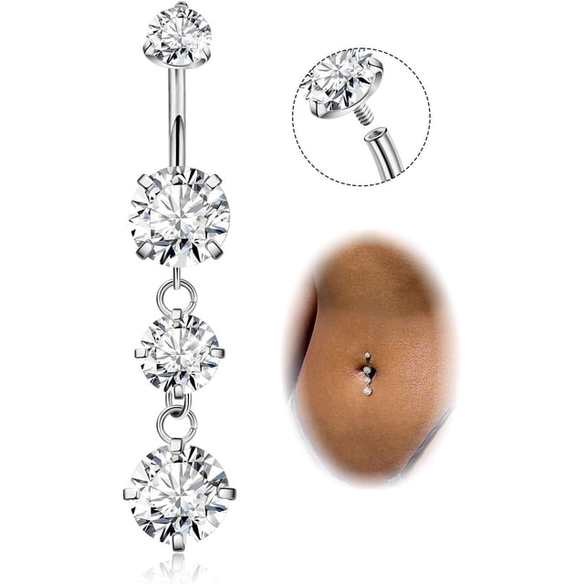 Woeilo G23 Titanium Dangle Belly Button Rings for Women Dangling Navel Rings CZ Belly Rings Curved Barbell Internally Threaded Belly Piercing Jewelry