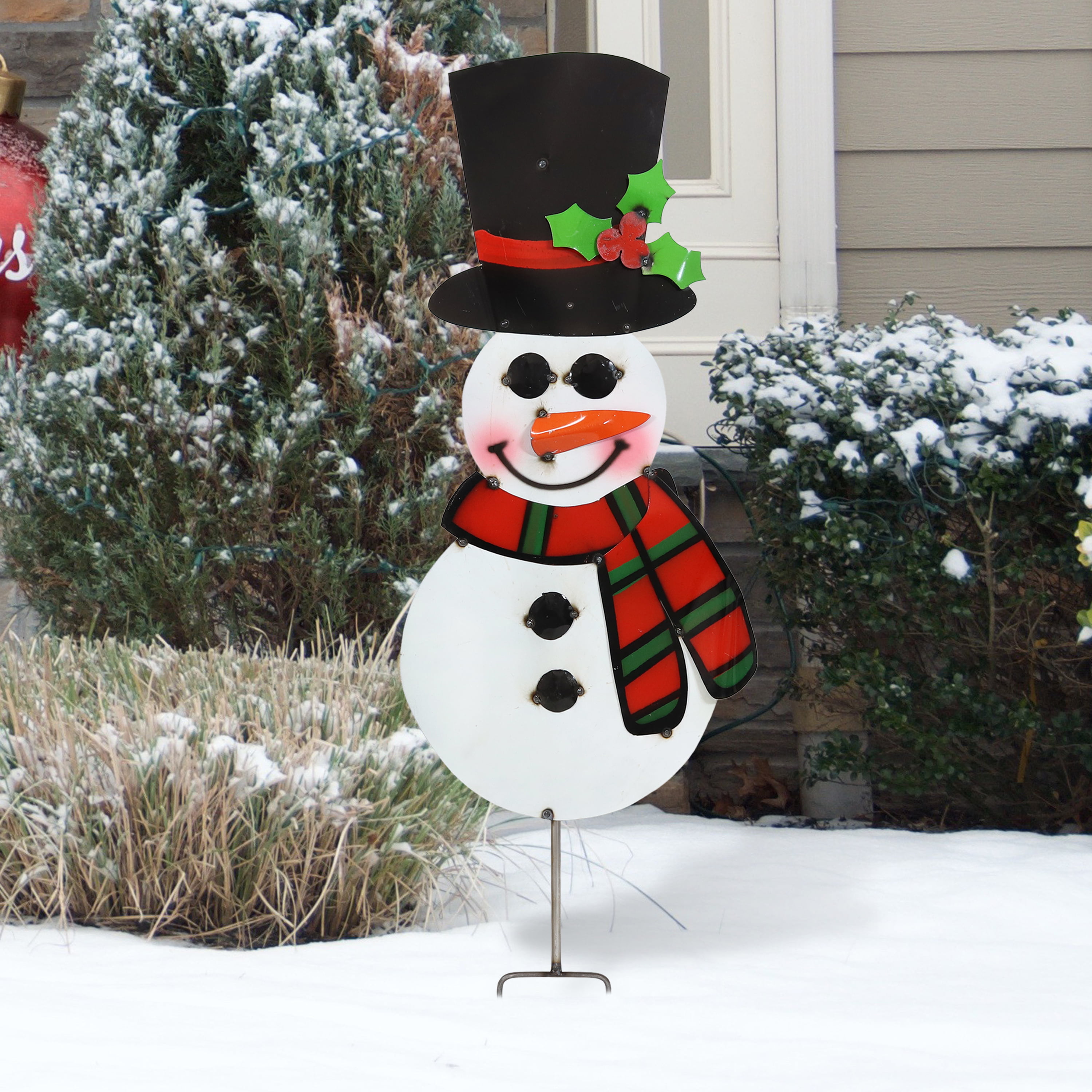 Sunnydaze Holiday Rustic Snowman with Striped Scarf and Top Hat 