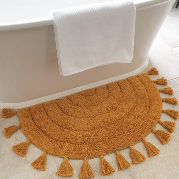 Alfombra de baño bohemio KIBAGA semicircular, 100% algodón, con borlas