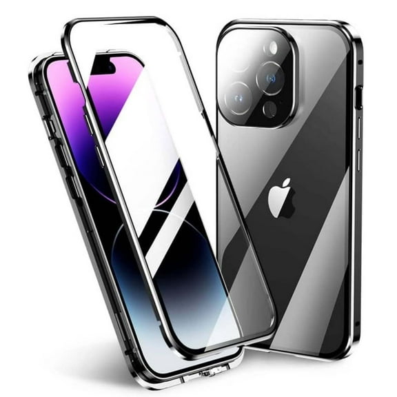 Magnetic Case for iPhone 13 Pro Max,Magnetic Adsorption Shockproof Aluminum Bumper Double Sided Clear Tempered Glass with Lens Protector No Fingerprint Unlock Cover,Black