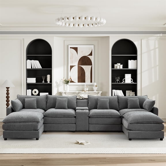 Aukfa 141" U Shaped Cloud Couch Oversized 6 Seat Sectional Sofa with USB&Cupholdes Storage Console for Living Room, Chenille, Gray