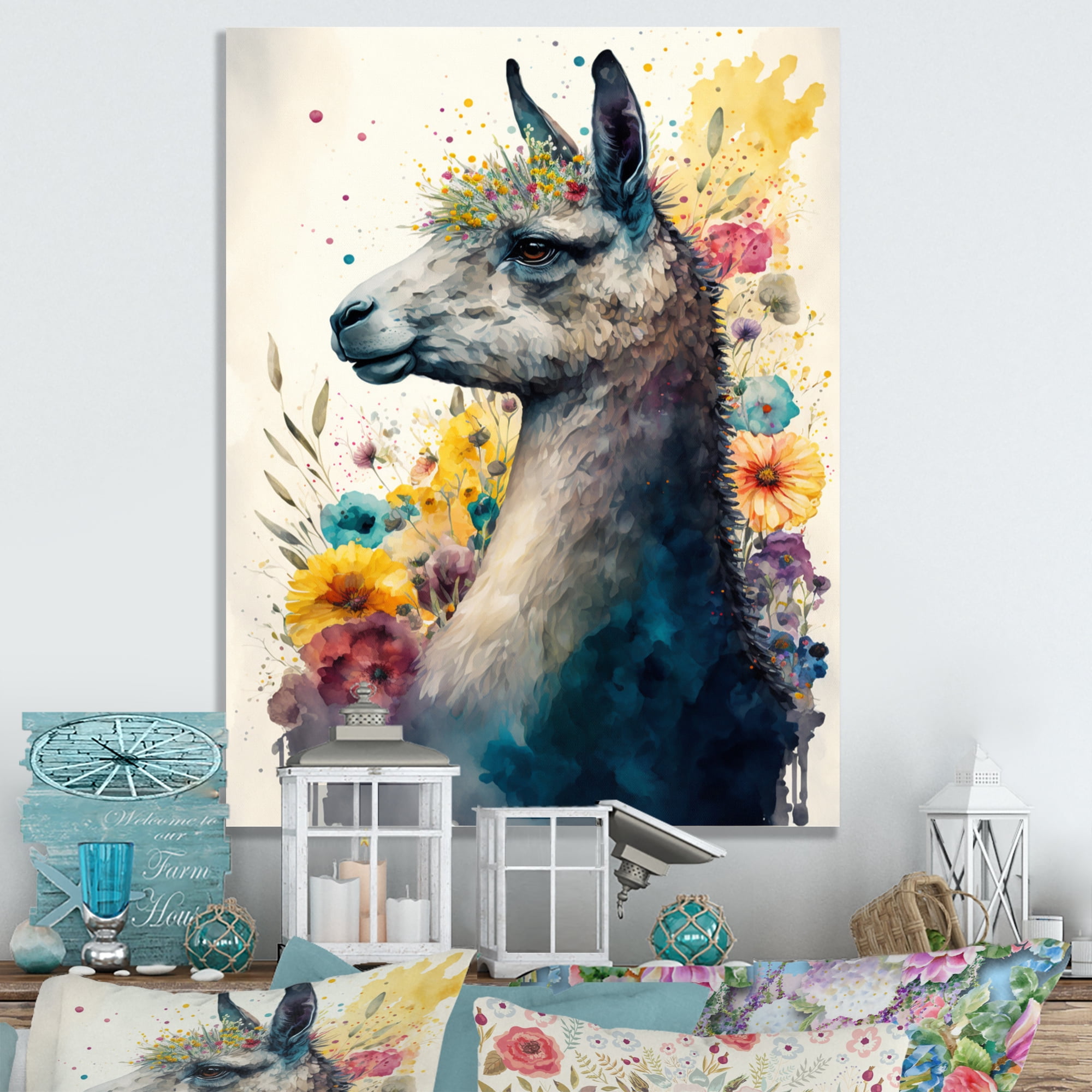 Designart Cute Llama Floral Art II Canvas Wall Art