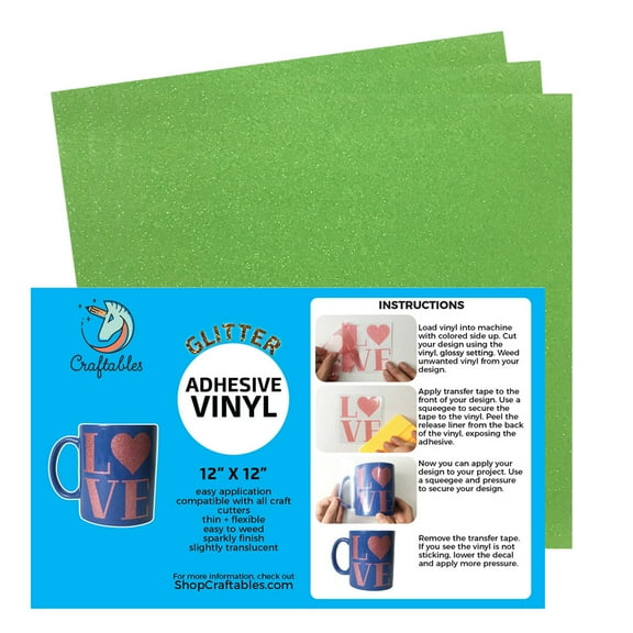 Craftables Mint Glitter Adhesive Vinyl for Cricut, Silhouette Cameo, and Craft Cutters - (3) 12in x 12in sheets