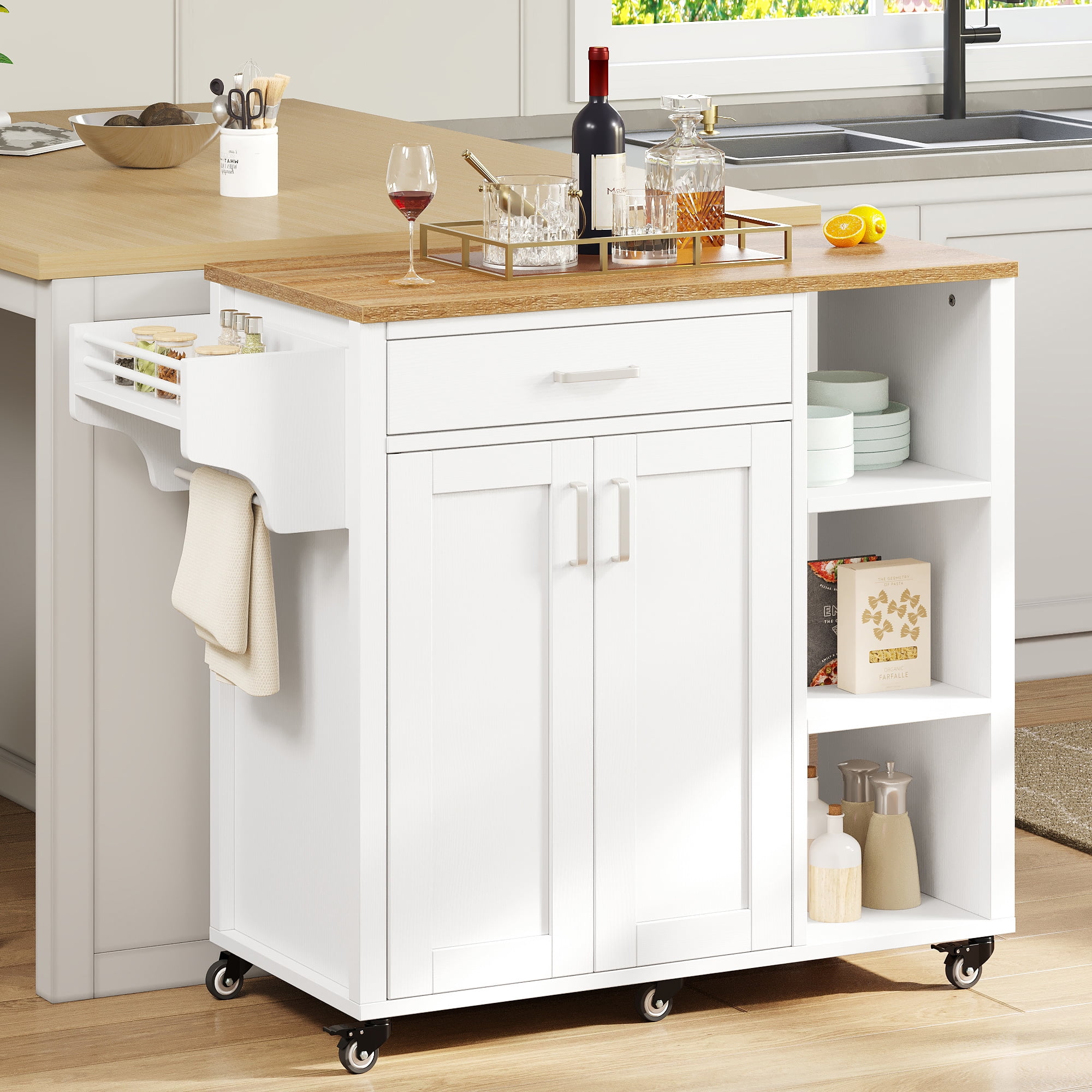 DEXTRUS 37" Kitchen Island Cart with Storage, Kitchen Storage Cart with Shelves & Spice Rack, White