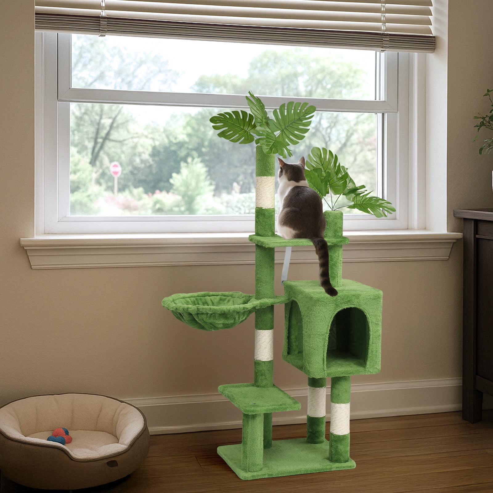 Leaf Shape Multi-Level Plush Cat Tree Tower, Stable Wall Mounted Cat Activity Center With Hammock, Sisal Scratching Posts, Private Condo & Hanging Toy For Indoor Cats Small Space